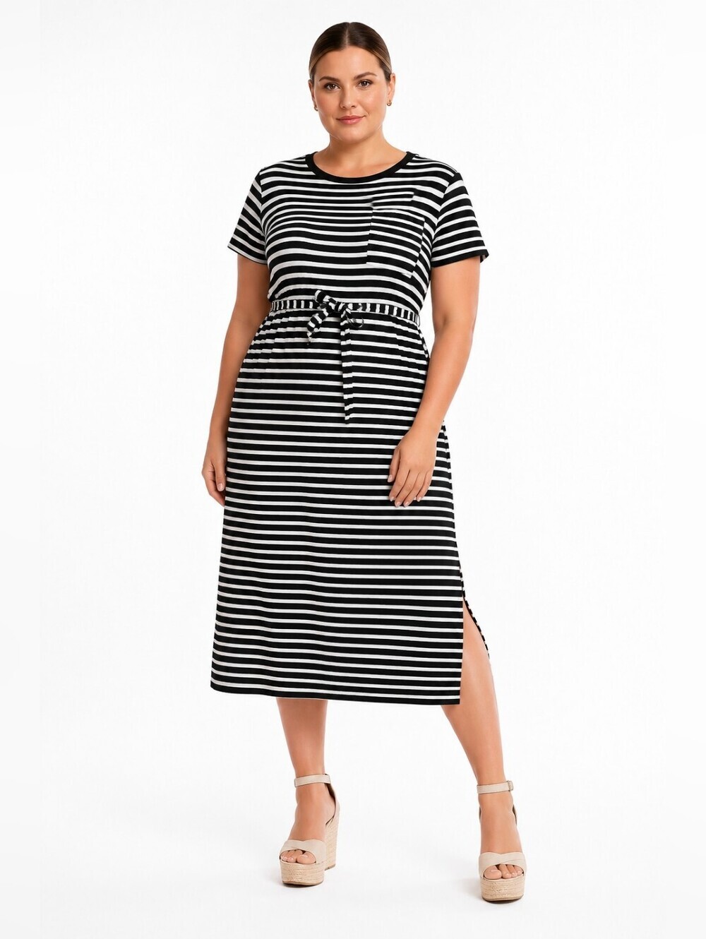 Time and Tru Women's Black & White Striped Midi T-Shirt Dress Size L(12-14)